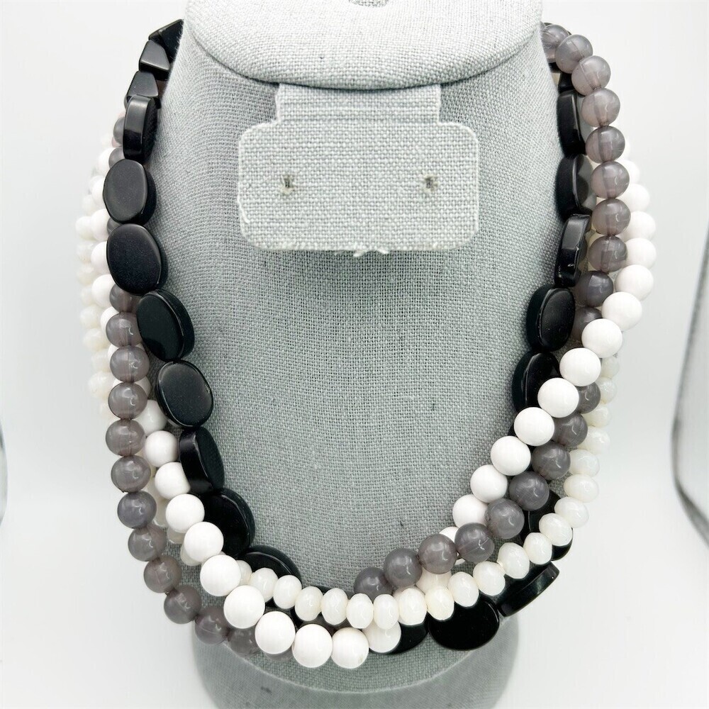Vintage Multi-Strand Beaded Statement Necklace Black Gray Purple White Beads